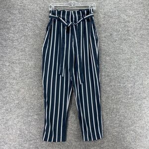 H&M Pants Women 8 Blue Striped Belted High Rise Flat Front Chino Casual Pockets